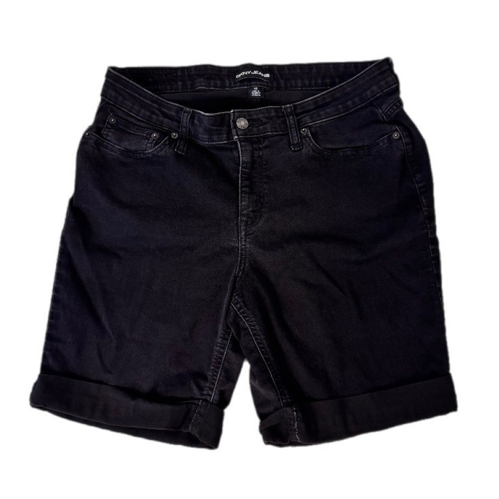 DKNY Jeans Bermuda Shorts Women 12 Black Denim Cuffed Stretch Mid Rise